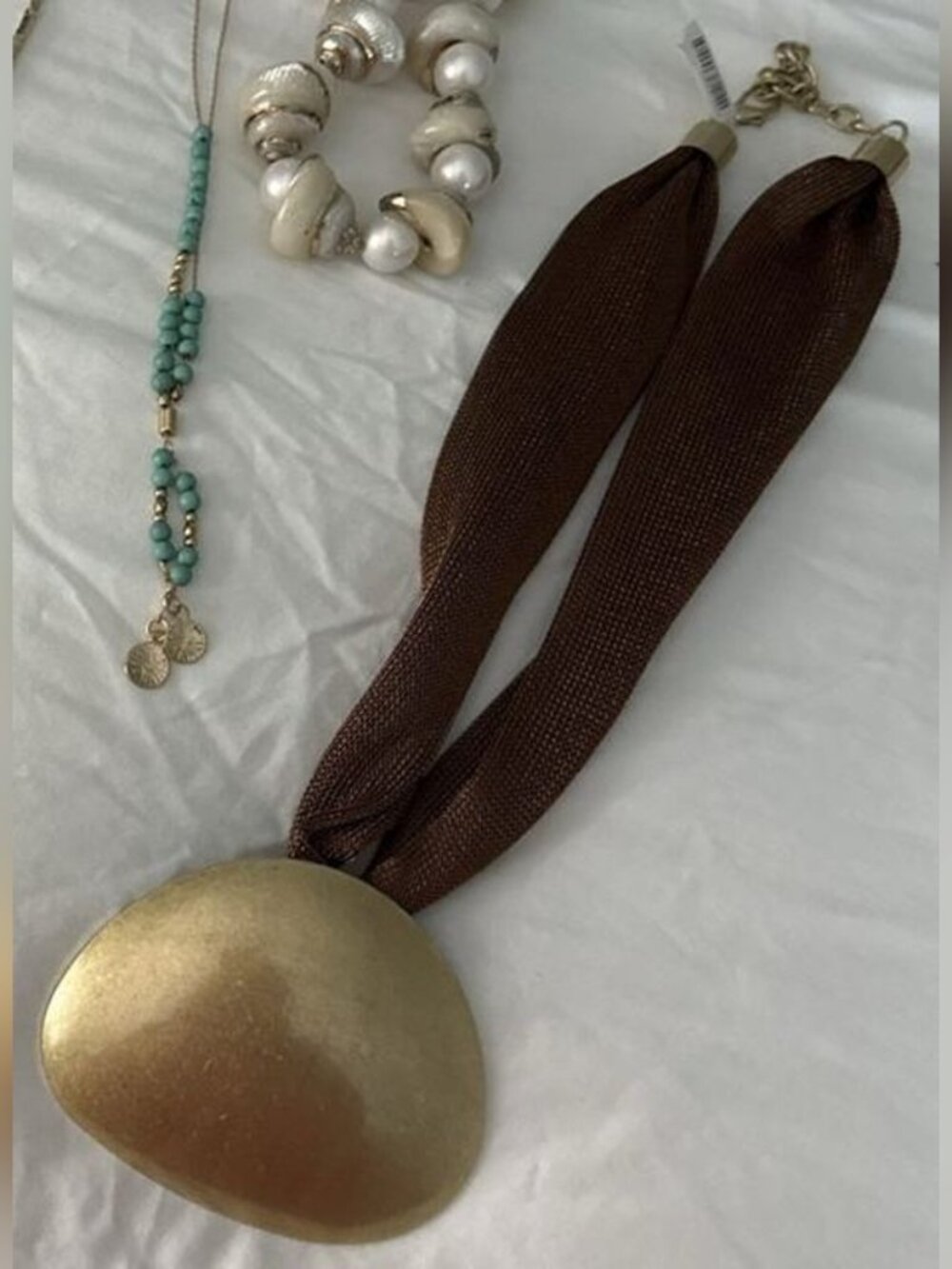 Brown Mesh Necklace with Brushed Gold Pendant